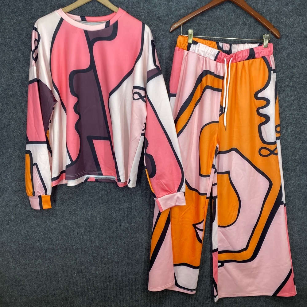 Abstract Face Graphic 2 Piece Set Pink Orange Wide Leg Pants Sweatshirt